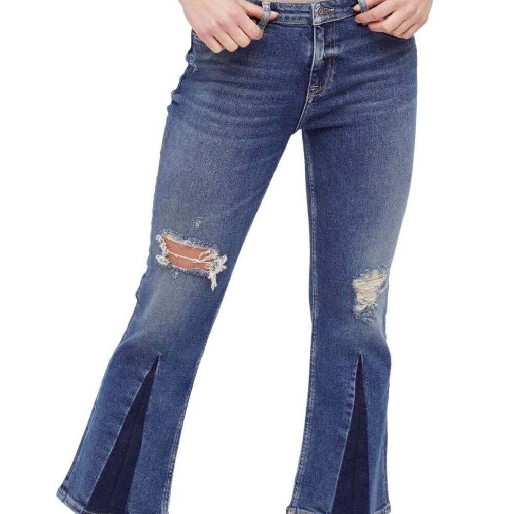 FREE PEOPLE Sz27 Colorblock Crop Distressed Jean  Denim Blue